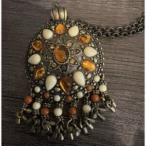 Joan Rivers Vintage Brass Tone Rhinestone/Bead Dangle Pendant Necklace